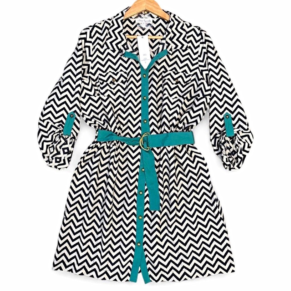 Vintage Y2K Olive & Oak Chevron Shirt Dress Size XL NWT Utility Midi Black Green